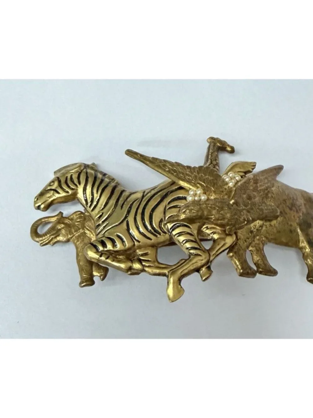 Stampede Safari Hair Clip 5” Barrette Brass Made in France Rhino Zebra Elephant